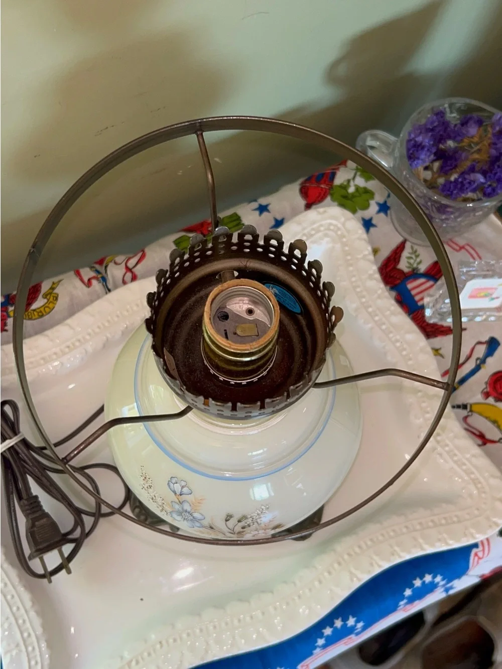 Vintage Gone with Wind Style Hurricane Lamp handpainted floral motif 3 Way Light